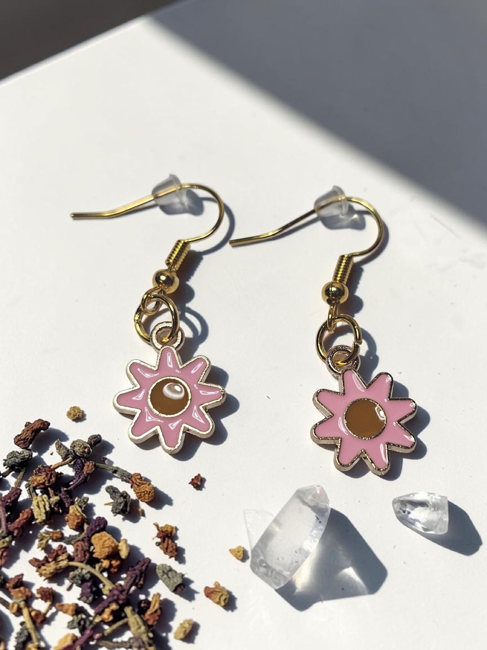 Pink Daisy Sunflower Drop Earrings - Gold Accent